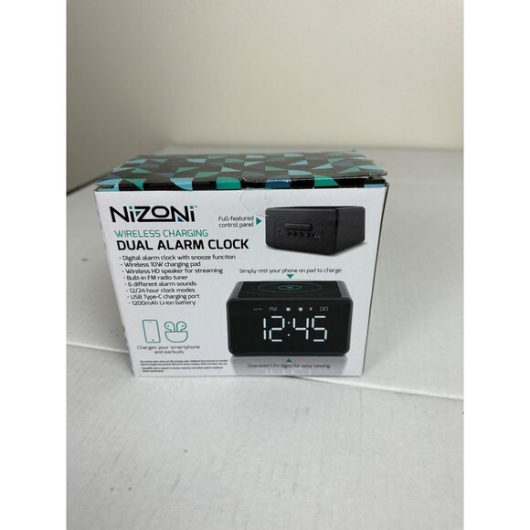 Nizoni Wireless Charging Dual Alarm Clock, USB Type C Charging Port  OS Black Ne - Picture 7 of 10